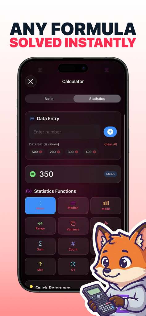 Interfaz de la aplicación móvil de una calculadora de estadística mostrando el cálculo de la media y varios botones de funciones estadísticas