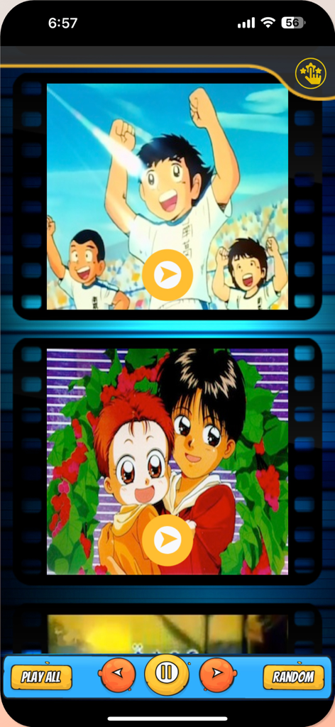 اغاني افلام كرتون بدون نت - Eine mobile Oberfläche der Cartoon-er App, die eine vertikale Liste klassischer arabisch synchronisierter Anime-Eröffnungsthemen anzeigt, einschließlich Captain Majid.