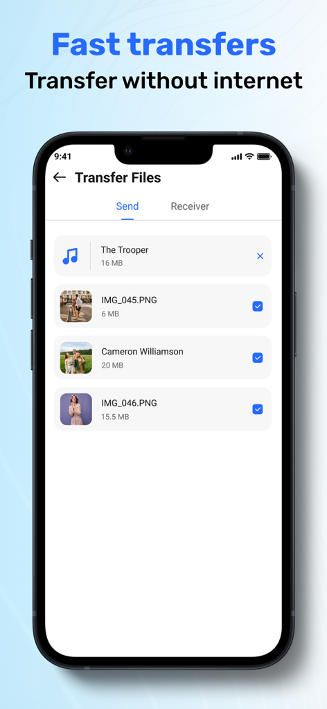 ShareAll app interface showing a list of files like music and photos selected for fast transfer without internet