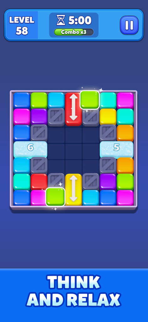 Two Blocks! - Two Blocks gameplay screen showing a colorful puzzle board with matching blocks and a timer for mental challenge.