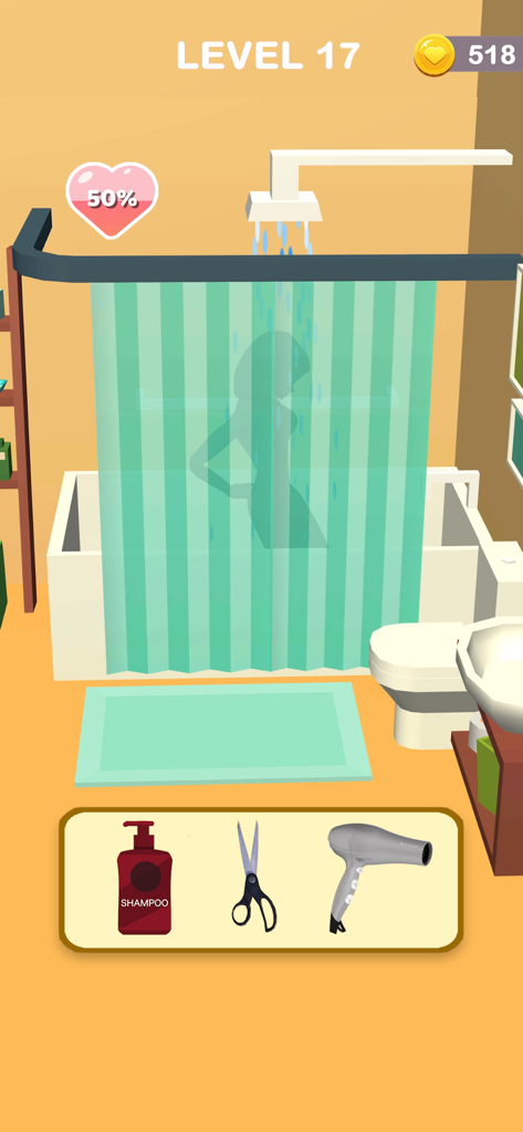 A 3D mobile game level featuring a character behind a shower curtain with choices for shampoo scissors or a hairdryer