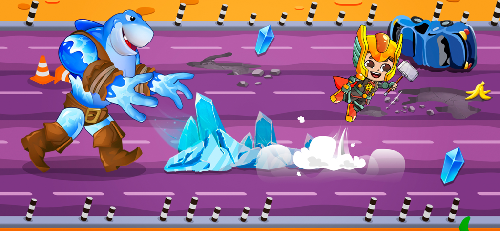 A cartoon superhero character battling a giant blue shark monster on a purple road with crystals