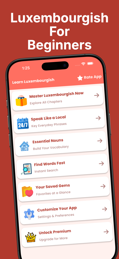 Learn Luxembourgish Beginner - Hauptmenü der App Learn Luxembourgish Beginner mit Lektionskategorien und Funktionen