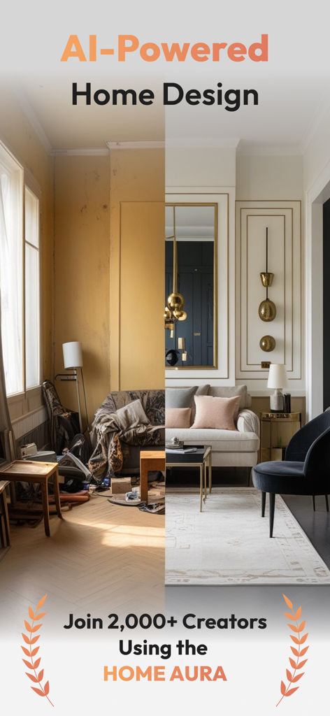 HomeAura: AI Interior Design - Comparação de antes e depois mostrando um cômodo bagunçado transformado em uma sala de estar moderna e elegante com o design de interiores com IA do HomeAura