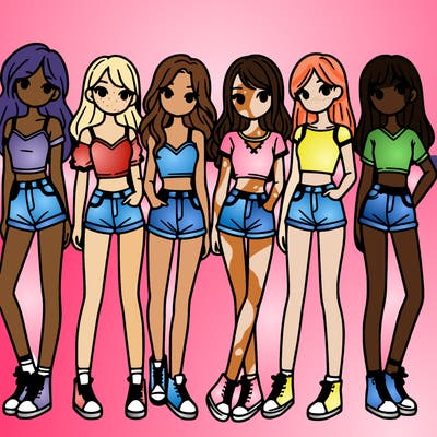a group of girls wearing crop tops and shorts