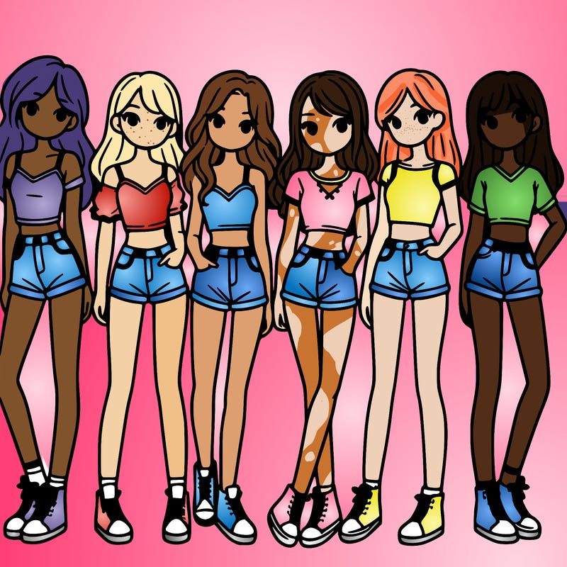 a group of girls wearing crop tops and shorts