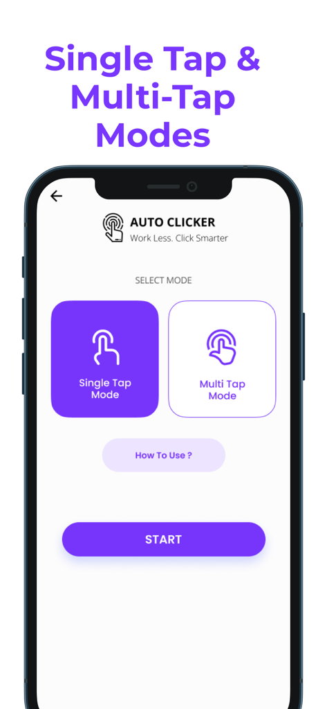 Interface of the Auto Clicker app showing selection buttons for Single Tap and Multi Tap automation modes.