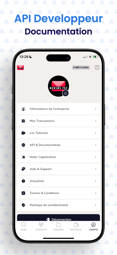 Menu da conta do aplicativo móvel Mon SMS PRO mostrando opções de documentação de API e desenvolvedor