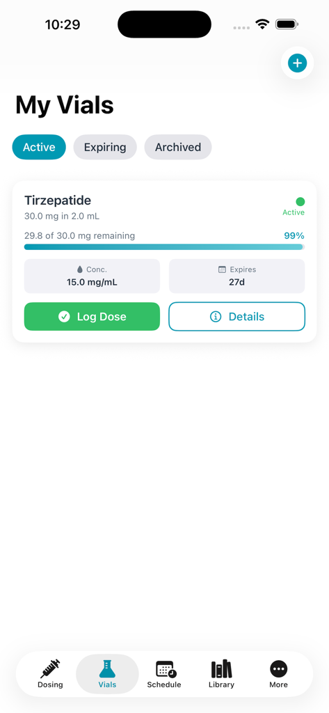 Screenshot of the My Vials management screen in the PeptideCalc Pro app showing an active Tirzepatide vial with dosage and expiration details