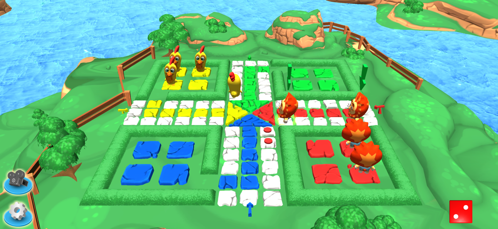 Un juego de mesa Ludo 3D colorido con adorables personajes animales en una isla tropical
