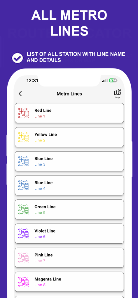 Delhi Metro app screen showing a list of all color coded metro lines