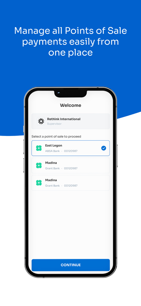 Bank POS - Bank POS app welcome screen with a list of point of sale outlets to select