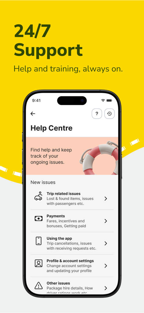 PickMe Driver app Help Centre interface showing 24/7 support categories for trip issues payments and account settings