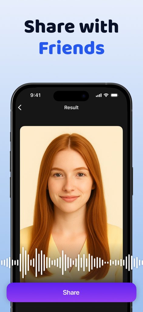 A screenshot of the Synthesia AI app showing an AI-generated avatar of a woman with an audio waveform and a share button.