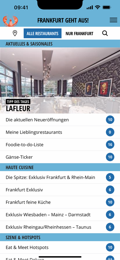 FRANKFURT GEHT AUS! - The home screen of the FRANKFURT GEHT AUS app showing various restaurant categories and high-end dining recommendations.