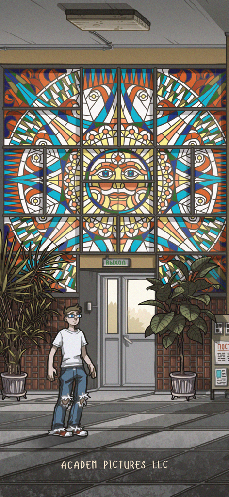 ACADEM DREAMS: Adventure & Sim - Un personaggio in piedi davanti a una grande vetrata in un corridoio universitario