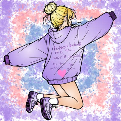 realistic girl jumping with a bun and oversized sweatshirt