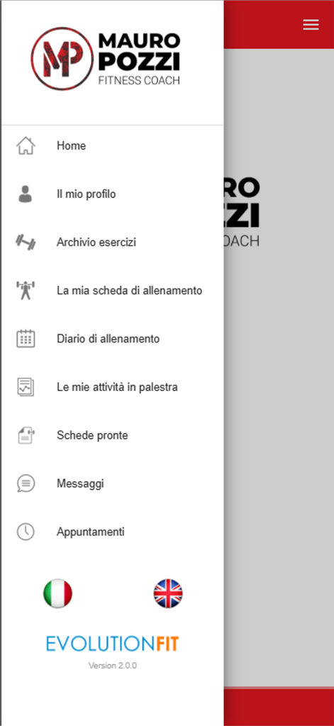 MauroFitnessCoach - Side navigation menu of the MauroFitnessCoach app featuring exercise archive workout diary and messaging options