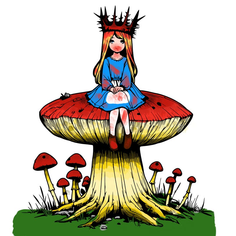 realistic girl sitting on a huge tree stump size toadstool with thorn crown