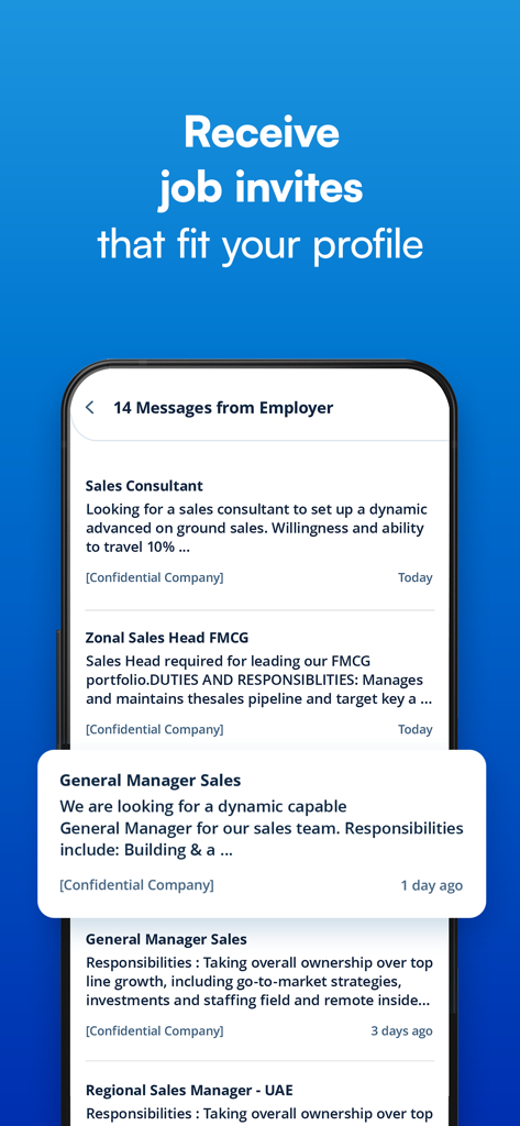 Naukrigulf Job Search App - Naukrigulf 앱 화면, 영업 및 관리직에 대한 고용주로부터의 개인화된 채용 초대 및 메시지 표시
