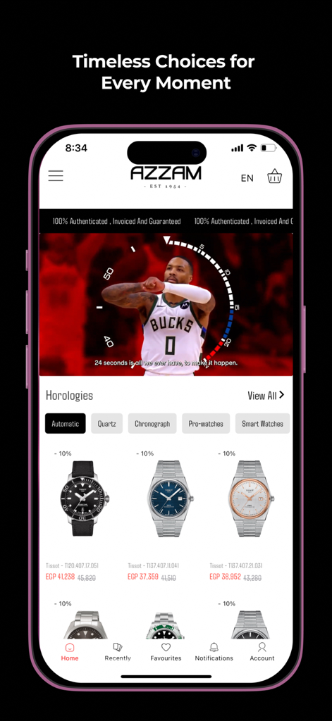 Azzam Watches - Azzam Watches mobile app home screen with luxury watches and a variety of horology categories