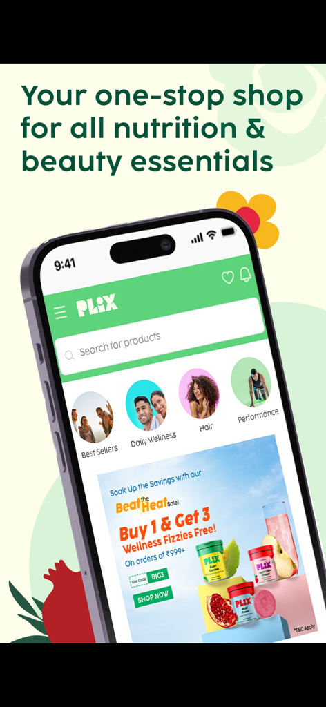 Plixlife - Plix mobile app home screen showing nutrition and beauty product categories with a wellness fizzies promotion