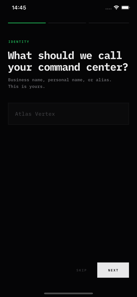 Pantalla de incorporación de la aplicación Vertex revenue tracker pidiendo al usuario que nombre su centro de mando
