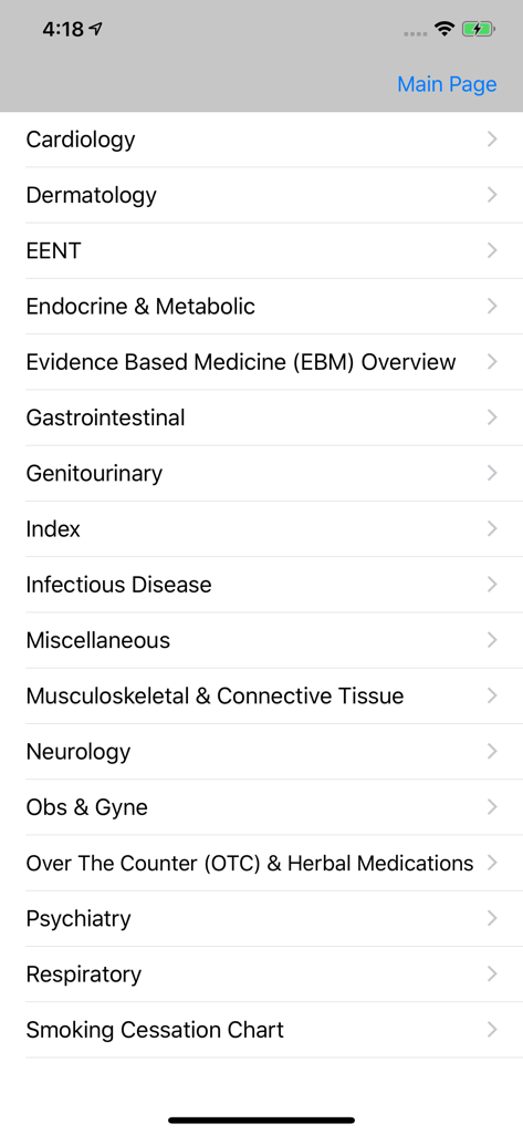 Main menu of the RxFiles plus app displaying various medical therapeutic categories for drug comparison charts.