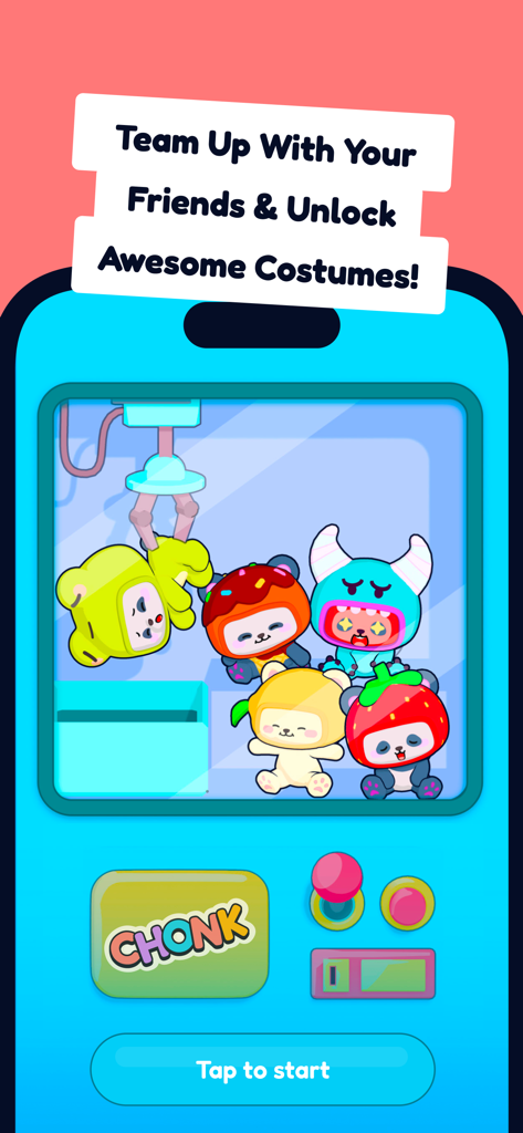 Chonk: Raise Virtual Panda Pet - A colorful claw machine filled with cute virtual pandas in various costumes for the Chonk app