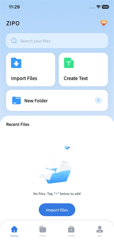Zip & RAR File Extractor ZIPO - ZIPO app home screen with import files and create text options