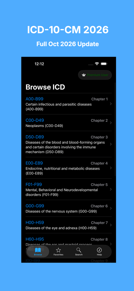 ICD-10-CM 2026: Medical Codes - Browse interface of the ICD-10-CM 2026 medical codes app showing diagnosis chapters for healthcare professionals