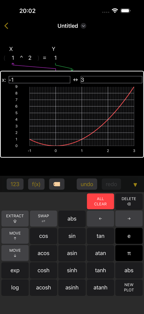 Caldy - Caldy app interface showing a dynamic math function plot and functional keyboard in dark mode.