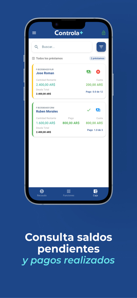 Controla+ - Pantalla de la aplicación móvil que muestra una lista de préstamos de clientes y pagos pendientes en español