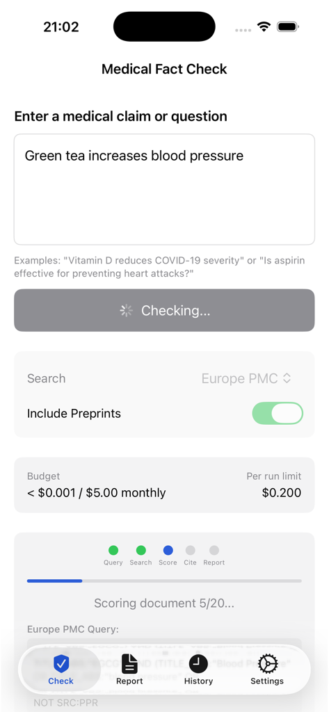 MedicalFactChecker - Mobile app interface of MedicalFactChecker performing an evidence-based search for a health claim regarding green tea and blood pressure