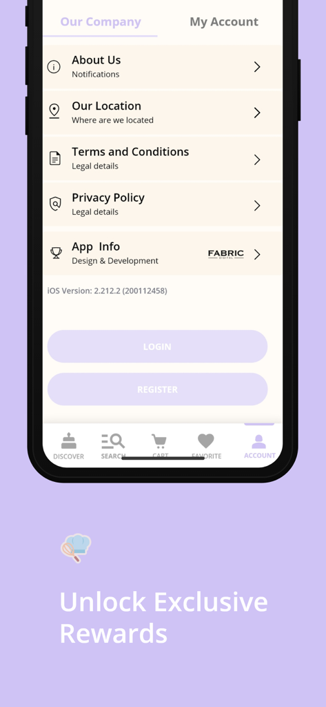 Eastern Bakery - Eastern Bakery mobile app screen showing account settings company information and login options