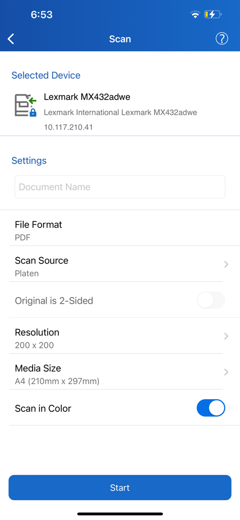 Scan settings interface in the Xerox Workplace app showing device and document options