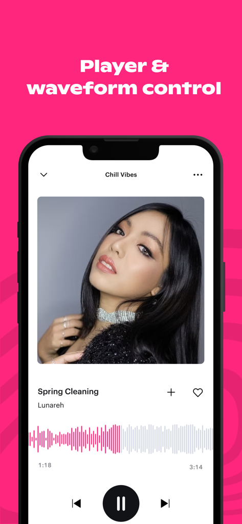 Interfaz del reproductor de música de la aplicación móvil Soundstripe con control de forma de onda y detalles de la pista
