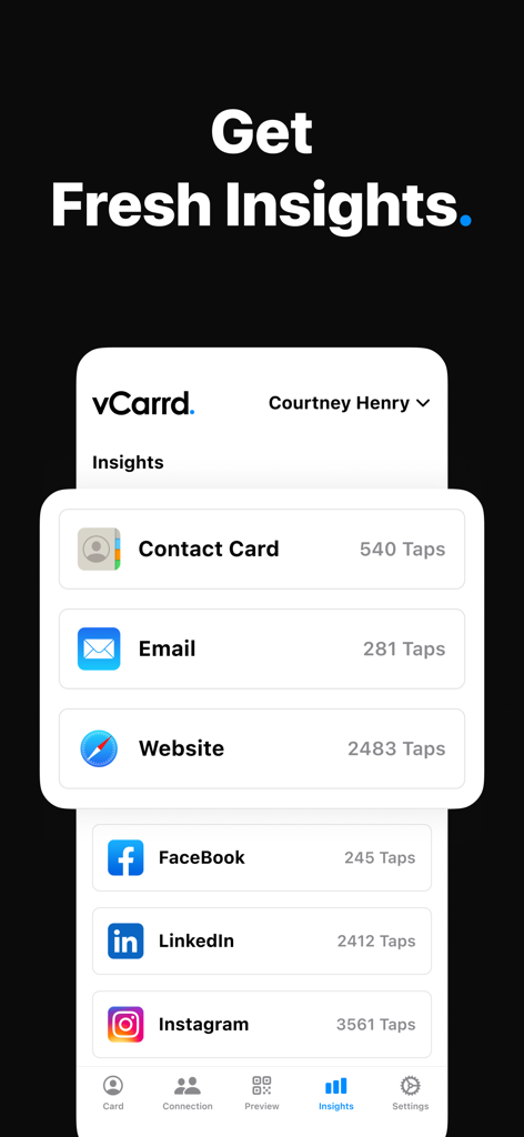 vCarrd app insights dashboard showing tap analytics for professional contact information and social media links