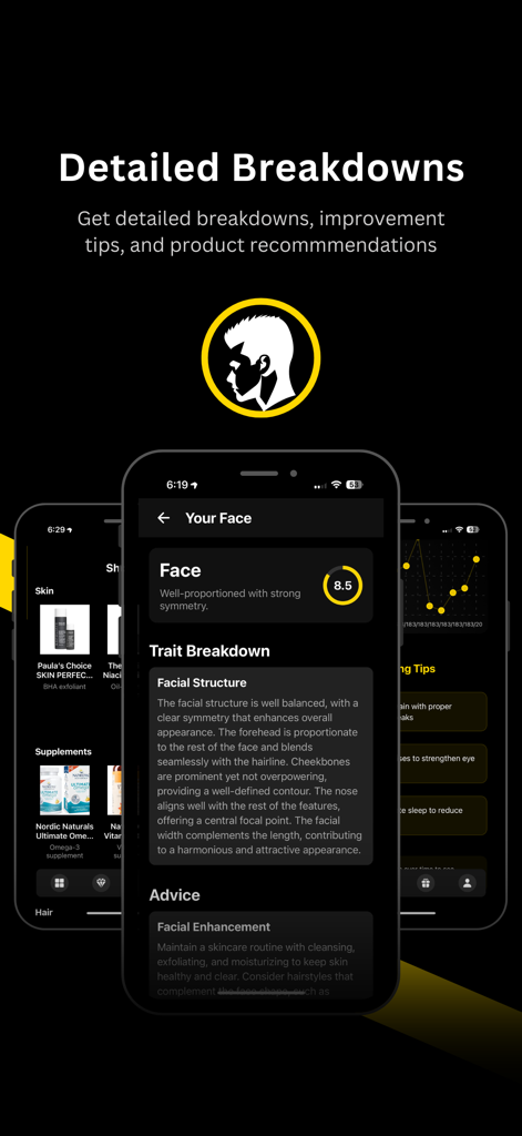 MaxxedAI: FaceRate & LooksMax - AI facial rating screen with detailed trait breakdowns and scores