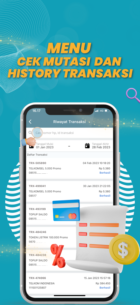 Pantalla de la aplicación Pulsabayar que muestra el historial de transacciones de crédito móvil y pagos de facturas de servicios públicos indonesios