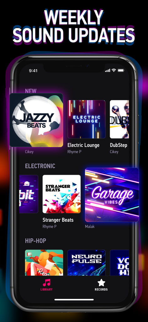 Beat Machine - Music Drum Pads - Beat Machine app library screen showing weekly sound updates and music packs for Hip-Hop and Electronic genres