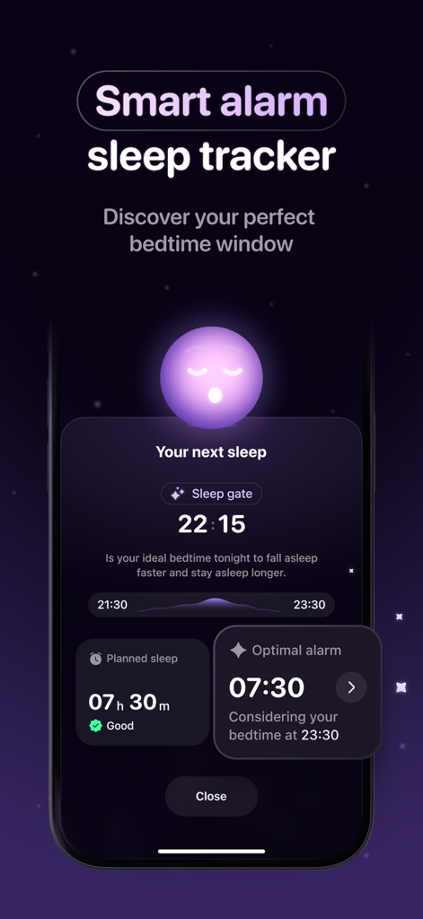 Wonderwake: Gentle Alarm Clock - Interfaz de la aplicación Wonderwake que muestra el rastreador de sueño con alarma inteligente, con sugerencias de hora de dormir y alarma óptimas.