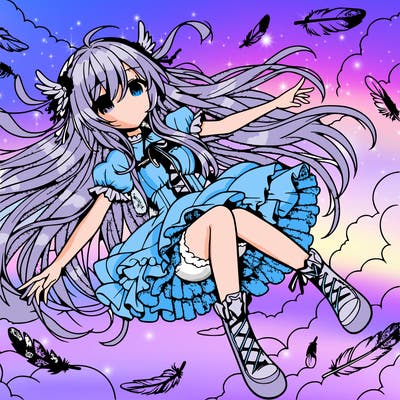 anime girl falling in sky with feathers and long hair