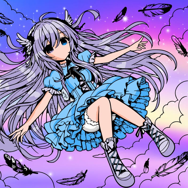 anime girl falling in sky with feathers and long hair