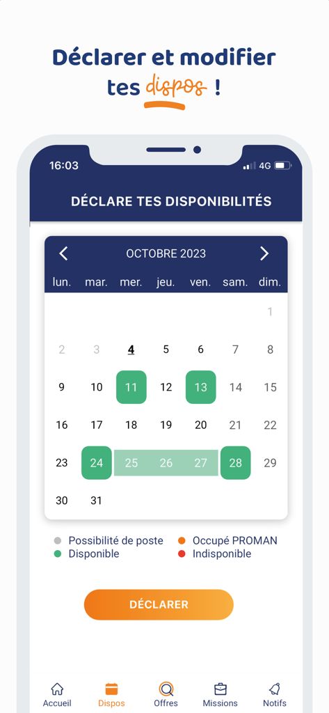 La schermata del calendario dell'app myPROMAN per gestire la disponibilità lavorativa