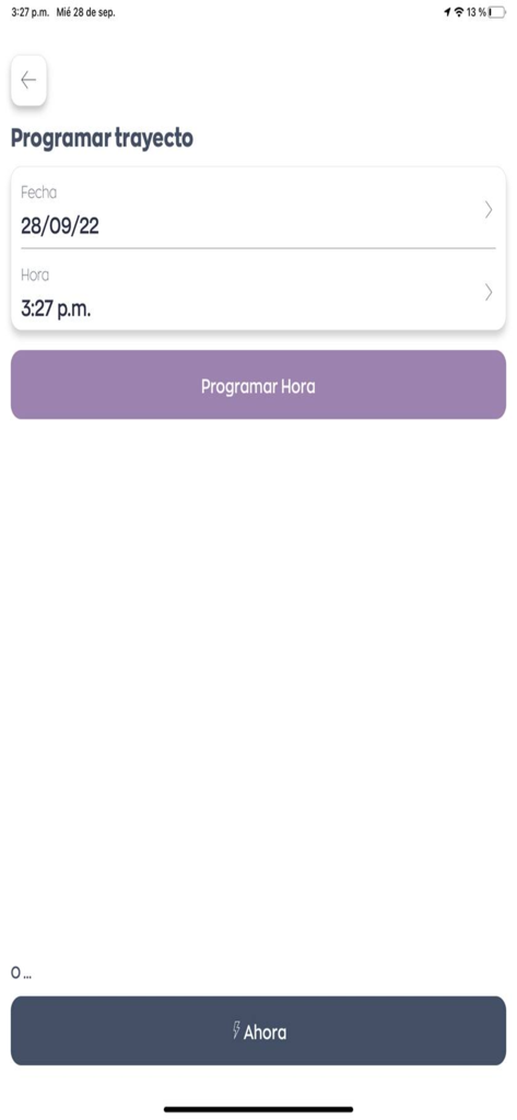 Taxi Estrella Villavicencio - Taxi Estrella Villavicencio App-Bildschirm zur Planung einer Taxifahrt durch Auswahl eines Datums und einer Uhrzeit