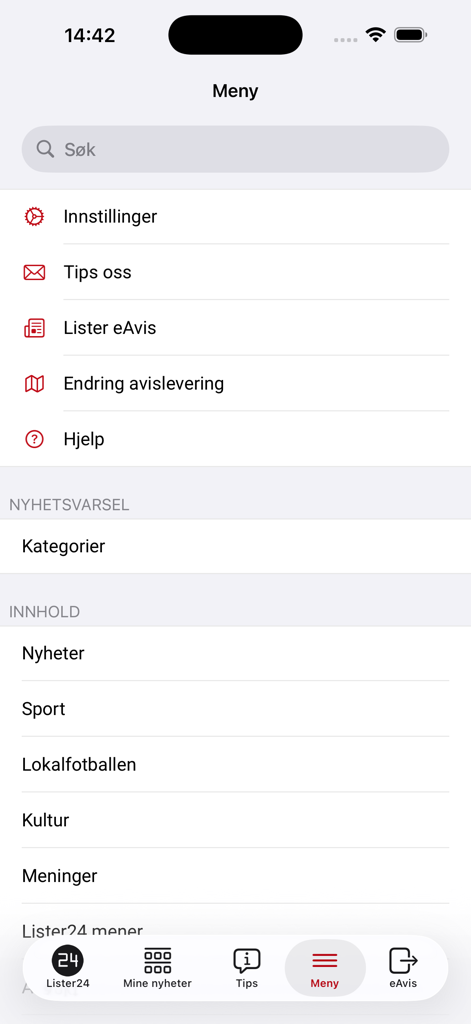 Lister24 - Navigation menu of the Lister24 news app showing categories like local news and sports