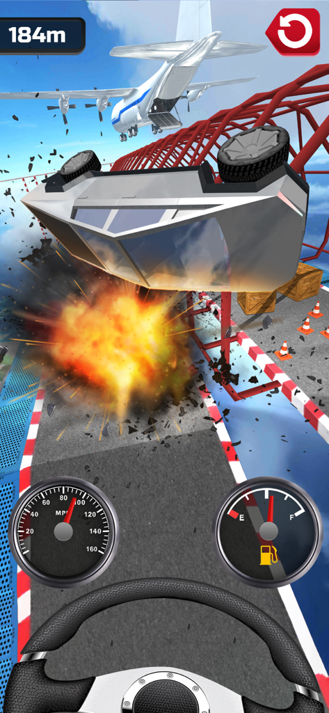 A car flips in mid-air above a large explosion while chasing a cargo plane.