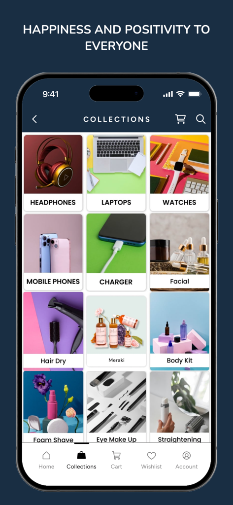 V.I.P Digital Presence - A smartphone screen displaying the curated collections page of the V.I.P Digital Presence app with categories for electronics and wellness products.