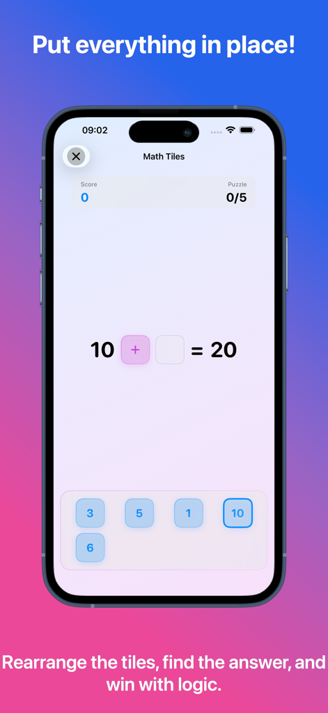 AddiGo app screen showing a math tiles puzzle to solve an addition equation with a clean minimalist interface